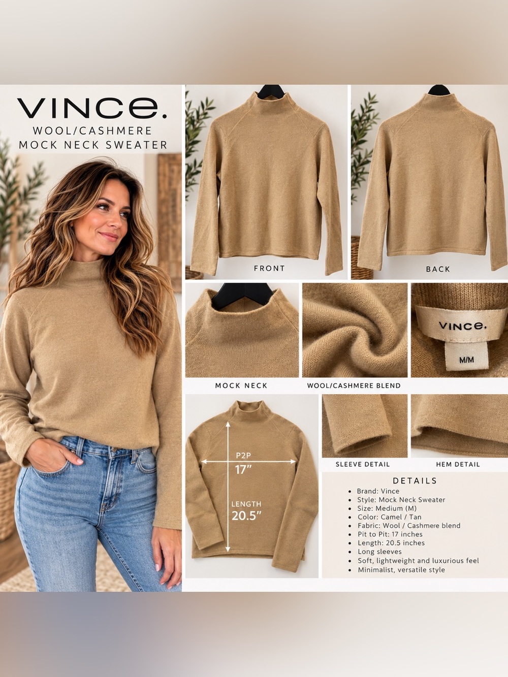 Vince Women’s Wool Cashmere Mock Neck Sweater Camel Tan Size Medium M Minimalist